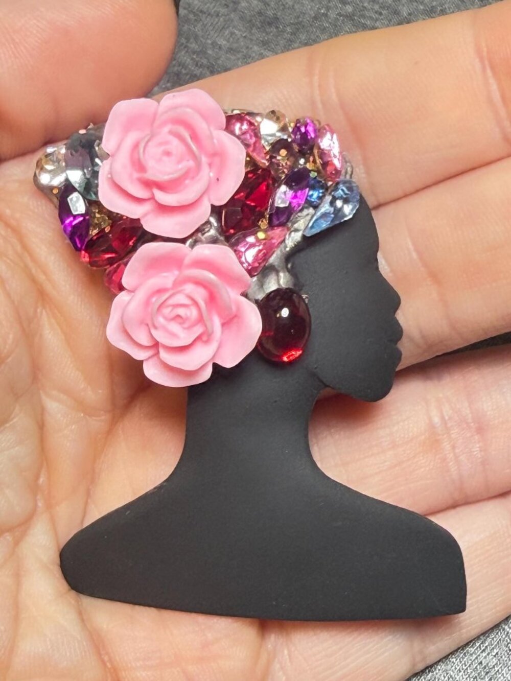 OOAK Lady Face Brooch Upcycled Luigi Ultra Craft Vintage 2.5"